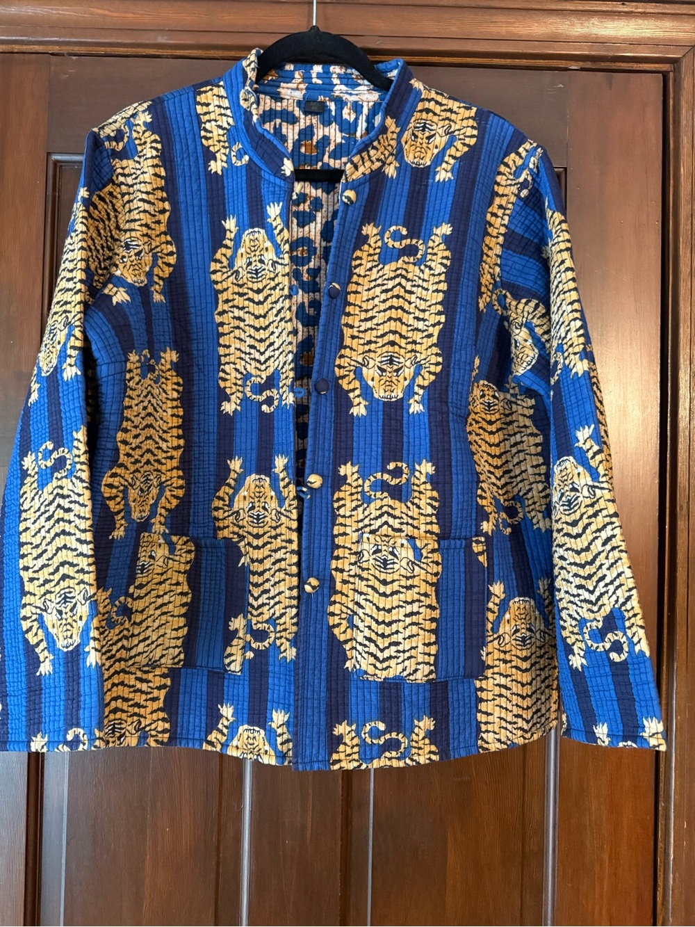Reversible Blue & Gold Tiger Print Button-Up Quilted Jacket
